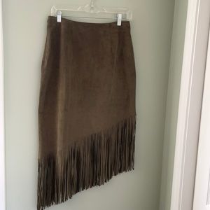 MIDI Skirt with fringe. Olive green suede.